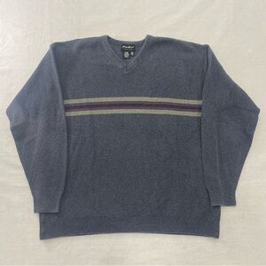EDDIE BAUER Sweater L Gray Striped V Neck Ribbed Cotton Blend USA Made Y2K